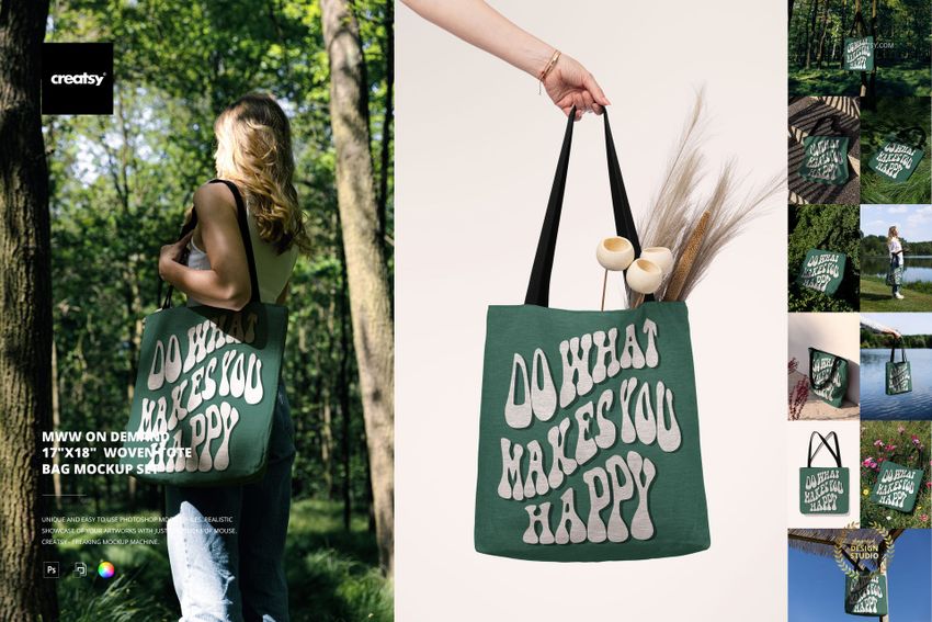 Woven tote bag mockup in green with large white lettering, held outdoors by a person among tall trees.