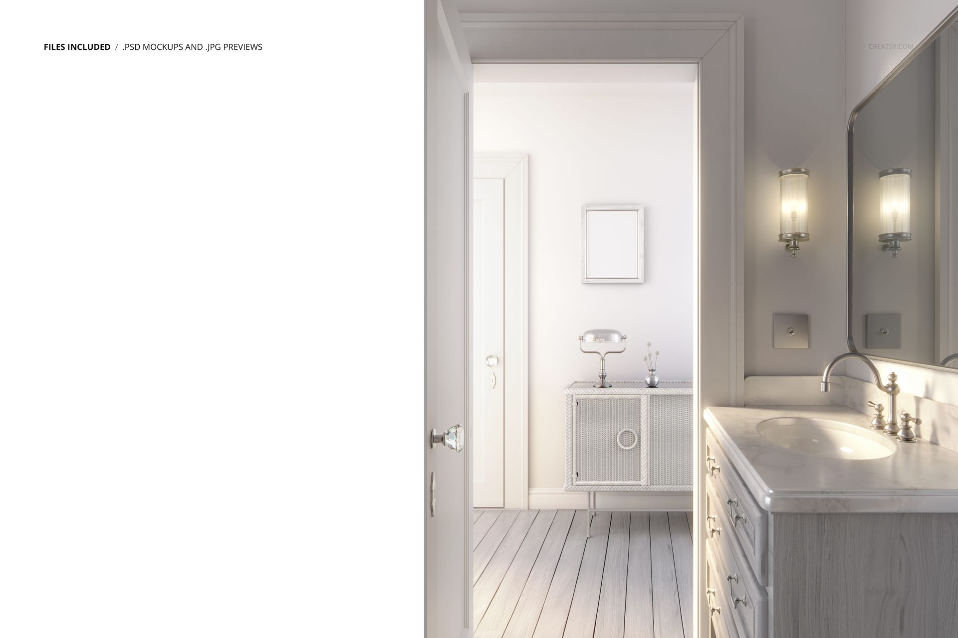 Modern bathroom mockup with art deco style, featuring a marble countertop, wall sconces, and white cabinetry in a bright setting.