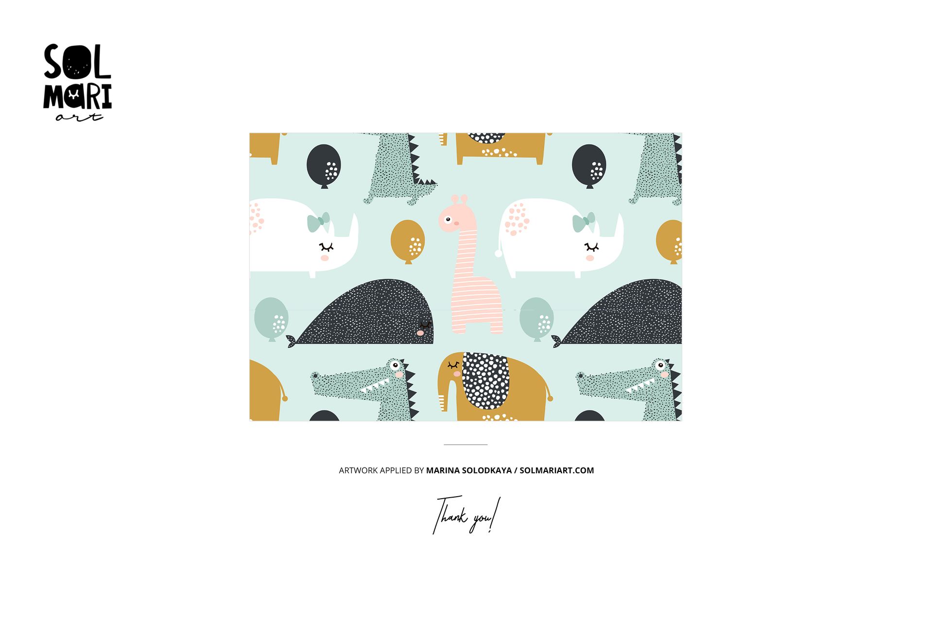 Rectangular section of kids pajama fabric mockup featuring playful animal illustrations in pastel colors on white.