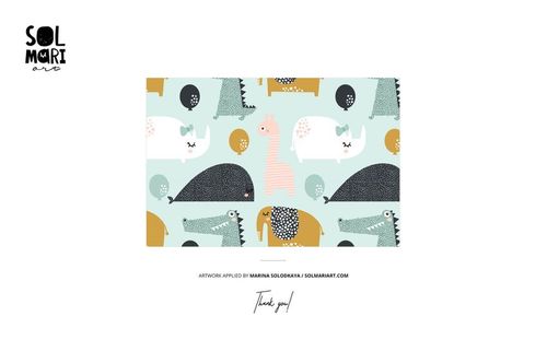 Rectangular section of kids pajama fabric mockup featuring playful animal illustrations in pastel colors on white.