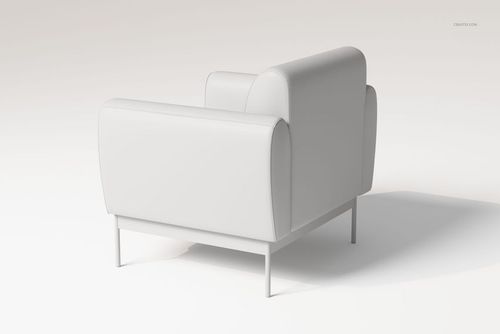 White puffy lounge chair with rounded armrests and backrest, shown from a rear angle on a plain background.