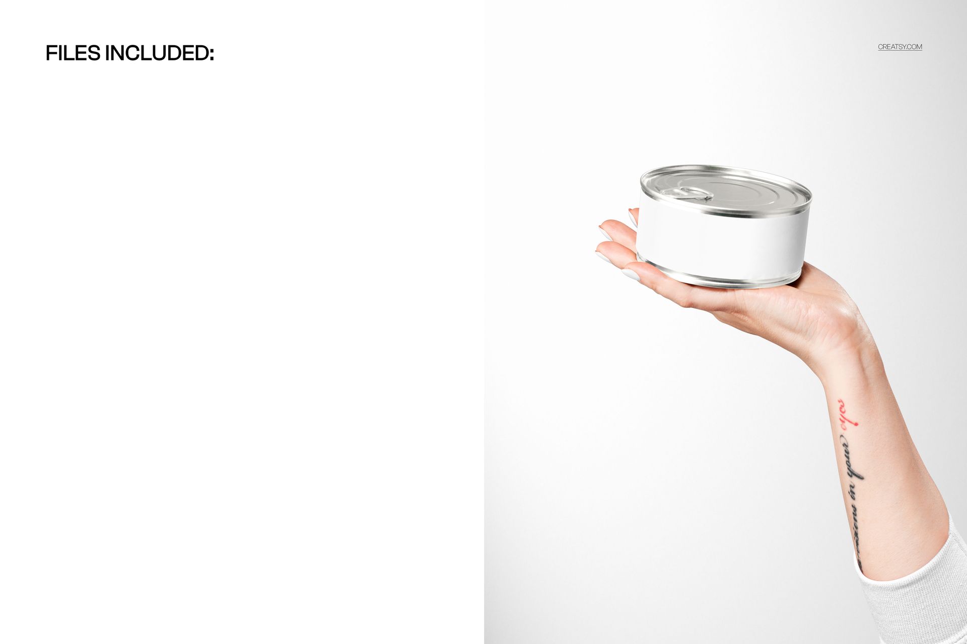 Round, low-profile tin can mockup in a person's hand, featuring a plain white surface and minimal studio lighting.