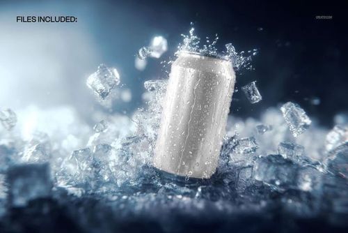 PSD mockup of a beverage can immersed in crushed ice, with visible water droplets and cool lighting effects.
