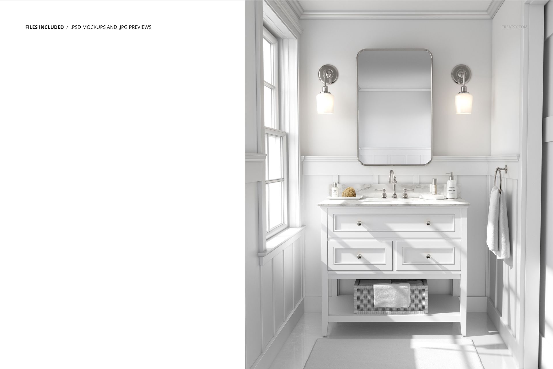 Modern bathroom mockup featuring a white vanity with drawers, marble countertop, and two wall-mounted lights.