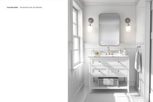 Modern bathroom mockup featuring a white vanity with drawers, marble countertop, and two wall-mounted lights.