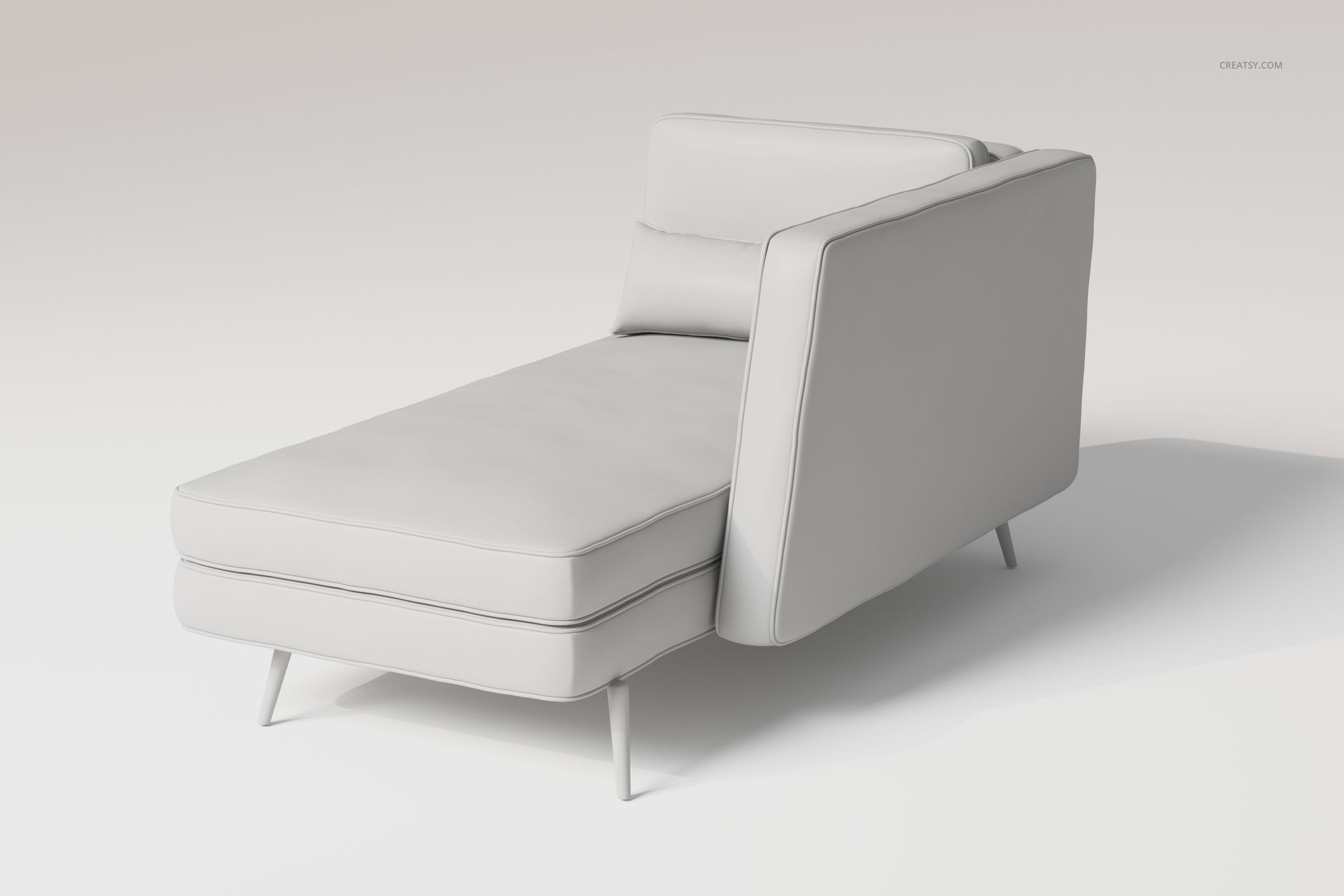 Modern chaise lounge sofa in light gray, shown from a front angle on a plain white background with metal legs.