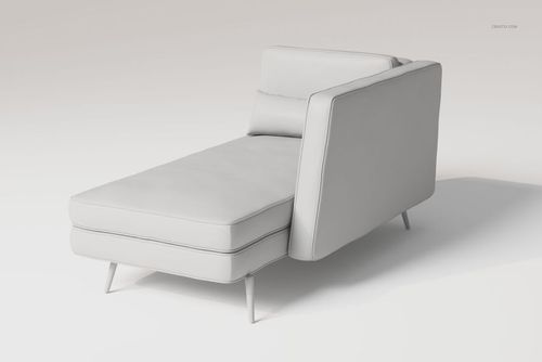 Modern chaise lounge sofa in light gray, shown from a front angle on a plain white background with metal legs.
