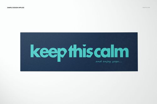 Exercise mat mockup featuring a rectangular dark blue mat with turquoise text design, shown from a top view on a light background.