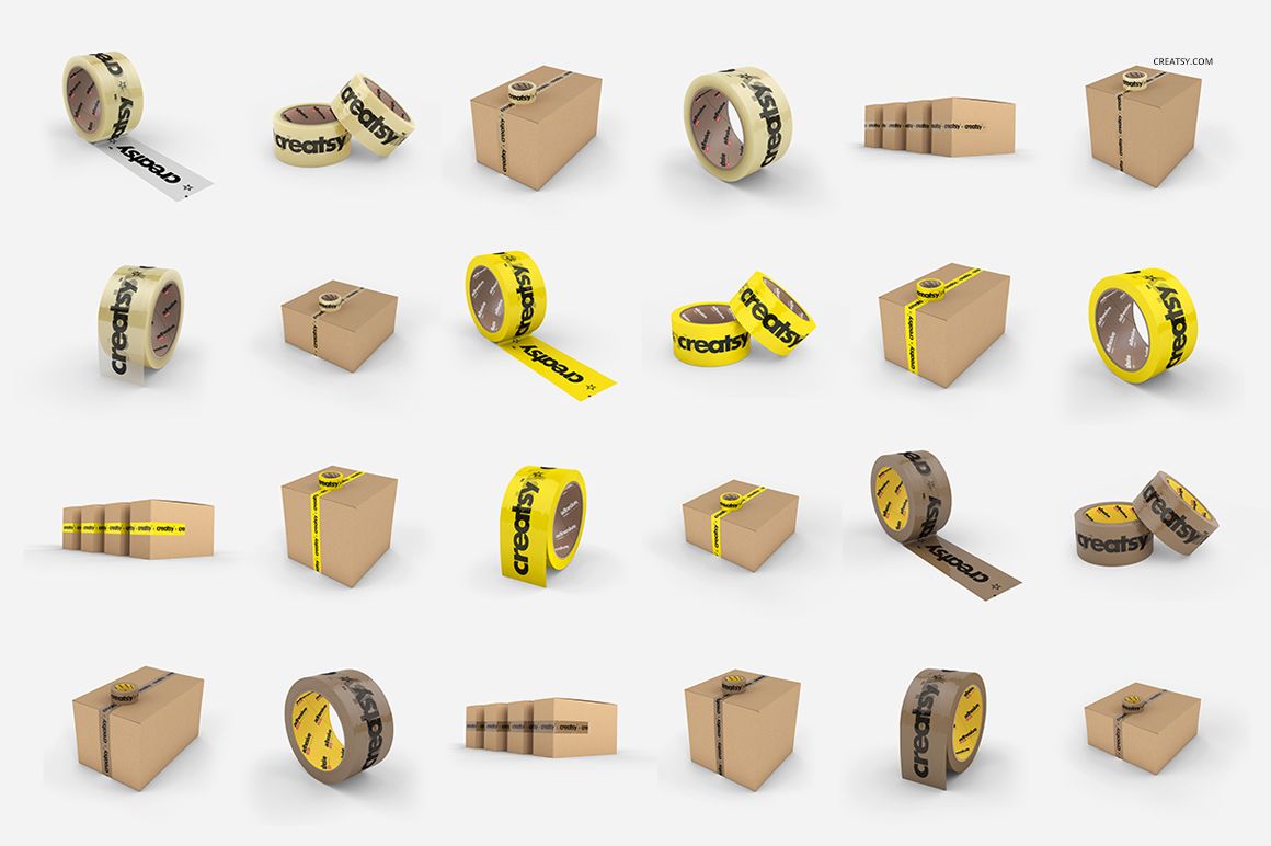 Grid of packing tape mockups, including rolls and boxes sealed with tape, shown from a front perspective on a plain surface.