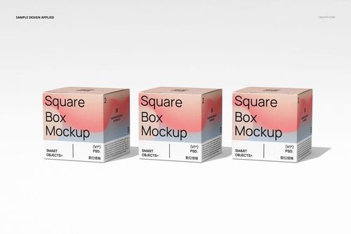 Set of three square box mockups featuring a modern gradient pattern, displayed side by side in a clean studio setting.