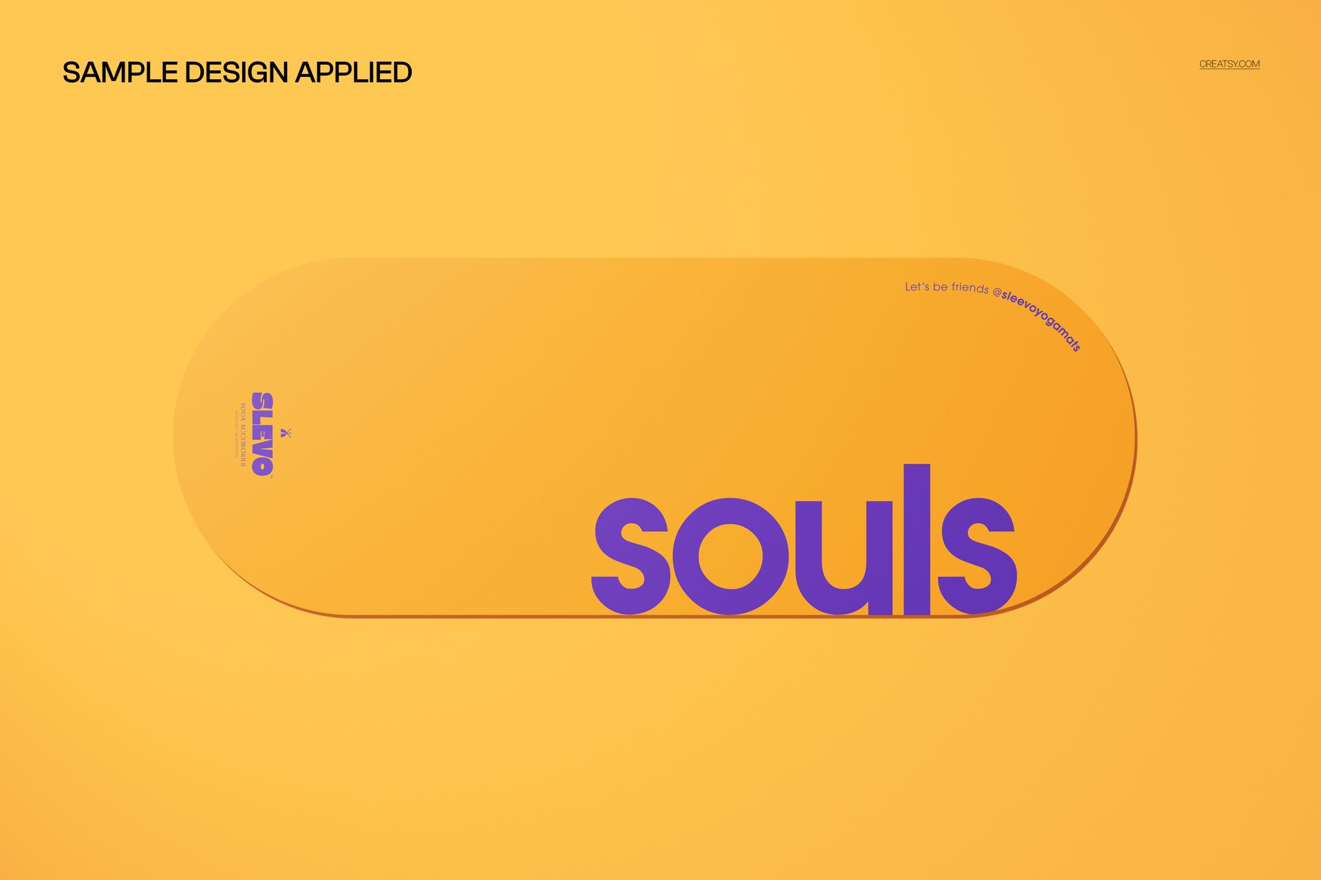 Oval yoga mat PSD mockup featuring an orange background and large purple lettering, displayed overhead.