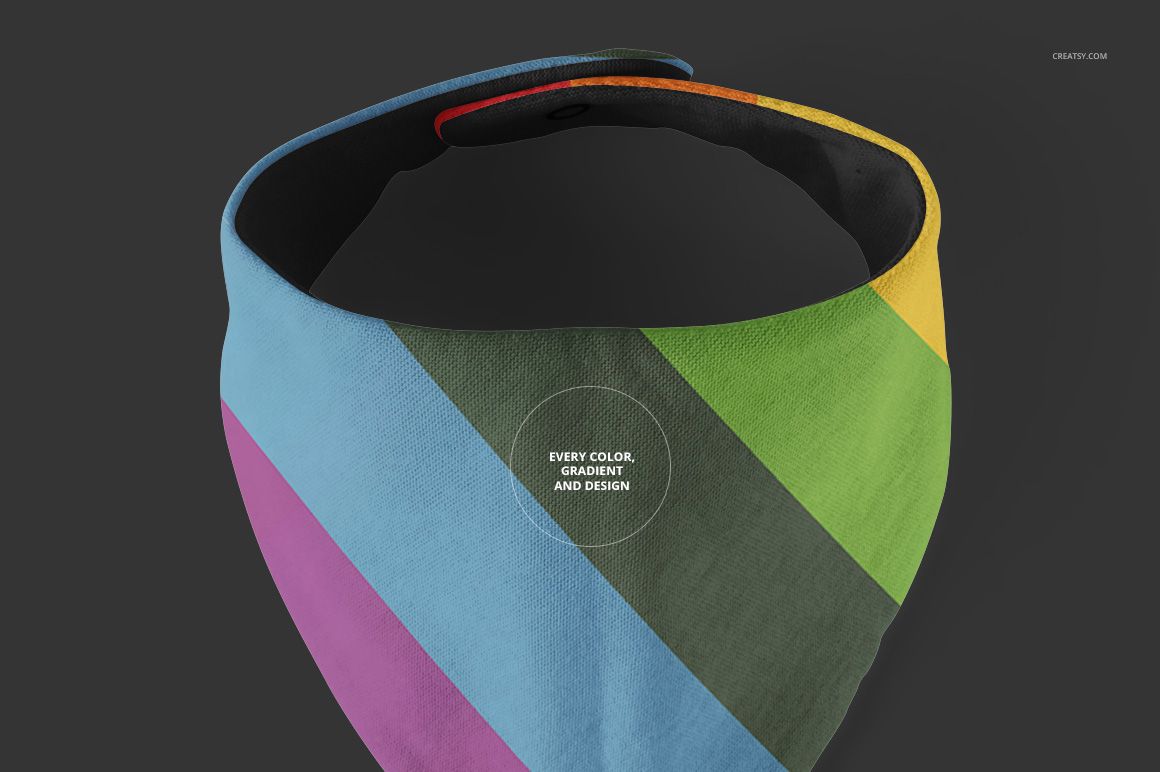 PSD mockup of a baby bandana bib with multicolored diagonal stripes, displayed against a neutral dark background.