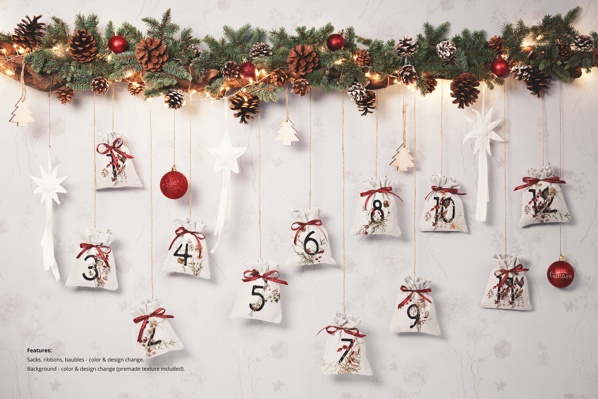 Front view of drawstring sacks advent calendar mockup hanging from a decorated pine garland with Christmas ornaments.