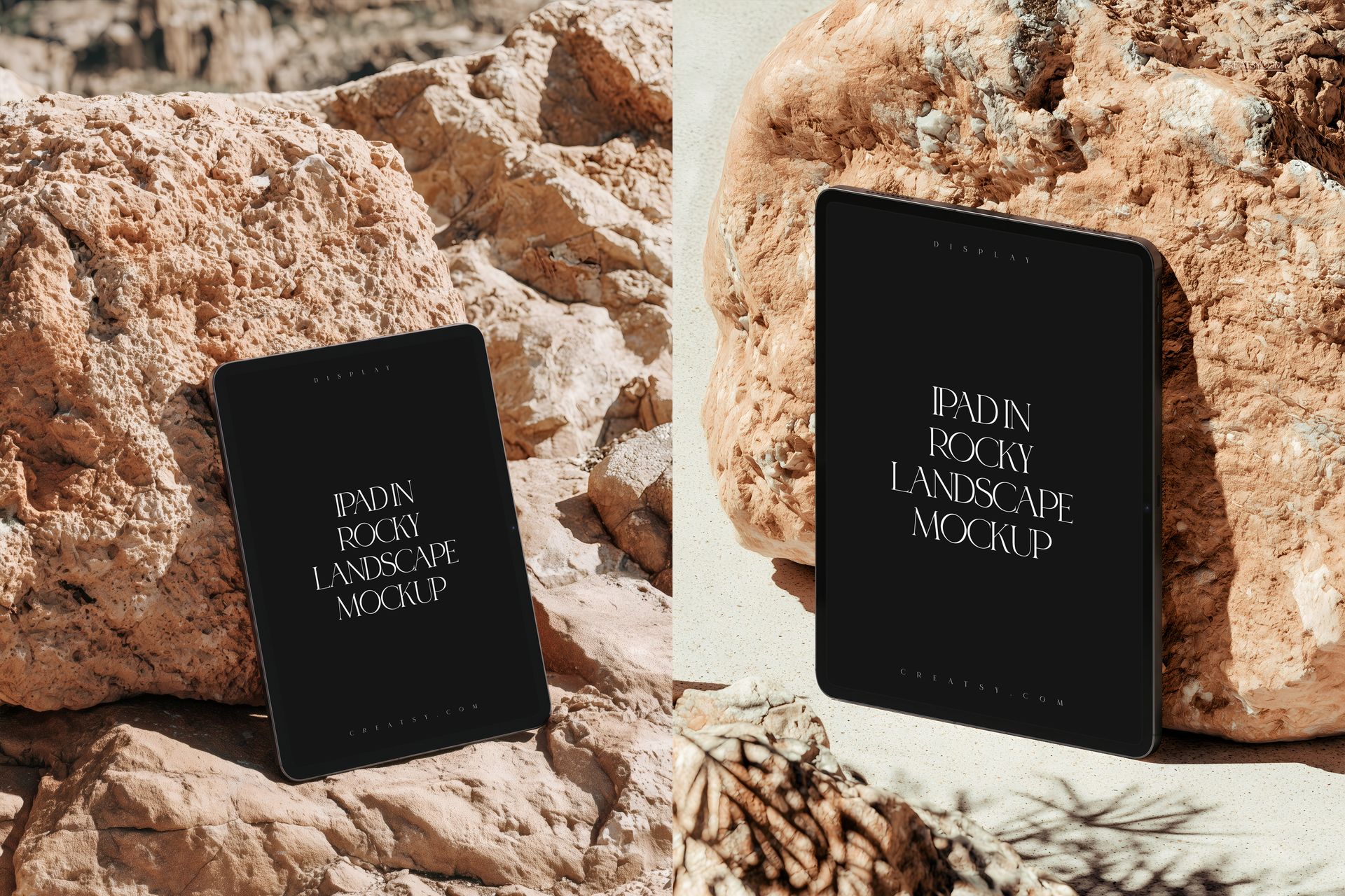 iPad mockup positioned beside large textured rocks outdoors, featuring a dark screen and sandy surroundings.
