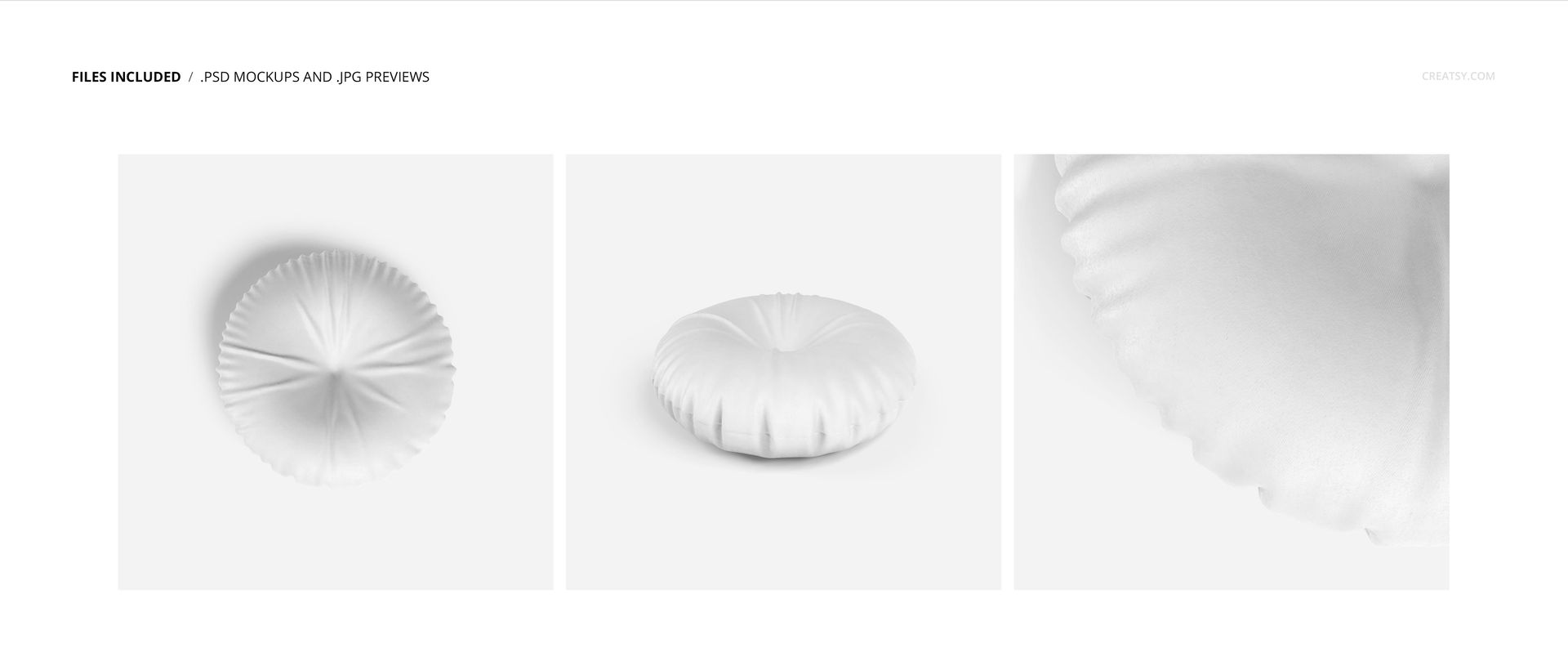 White circular floor pillow mockup displayed on a plain background, featuring detailed stitching and soft folds.