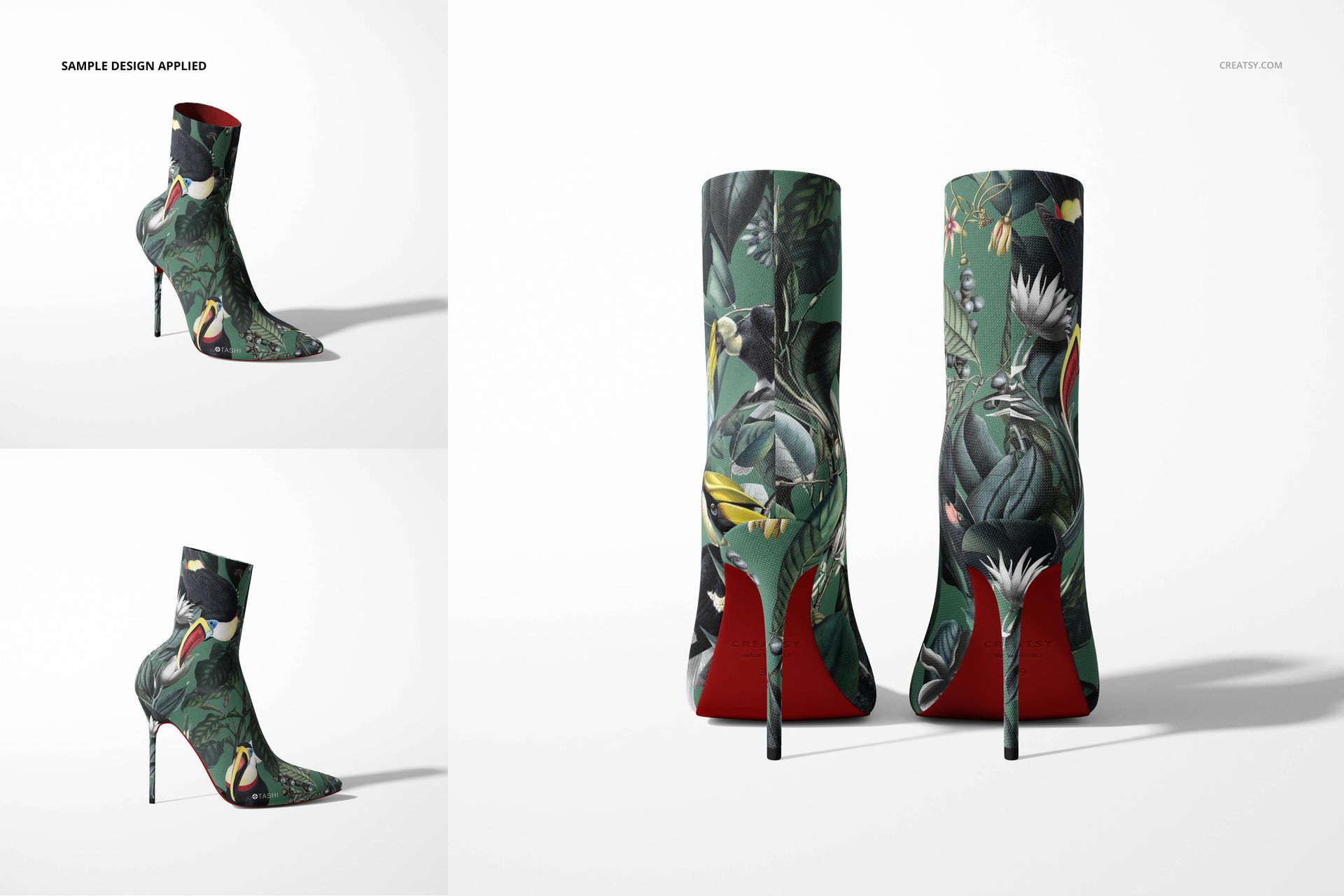 Mockup of high-heeled fabric ankle boots featuring a green botanical and bird print, displayed from multiple angles.