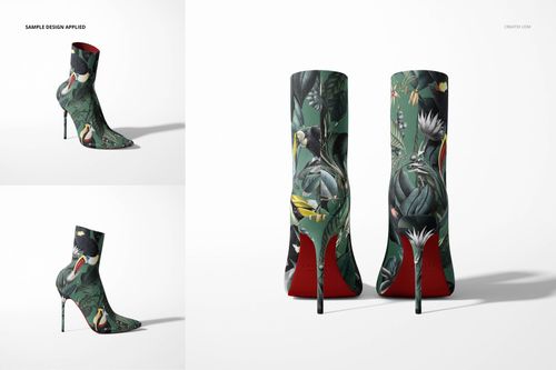 Mockup of high-heeled fabric ankle boots featuring a green botanical and bird print, displayed from multiple angles.