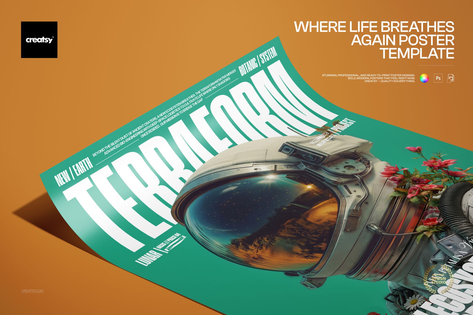 Front view of a poster mockup with a teal background, featuring an astronaut helmet and red flowers, shown at an angle.