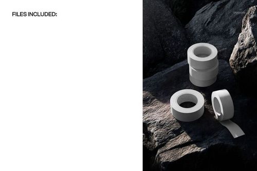 Multiple white tape rolls arranged on natural dark rocks, shown in a realistic packaging mockup scene.