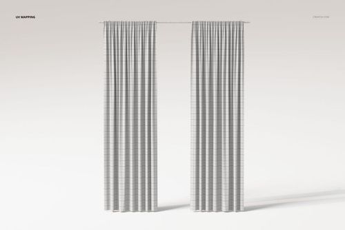 Front view of two pencil pleat curtains with a subtle grid pattern, hanging side by side against a plain background.