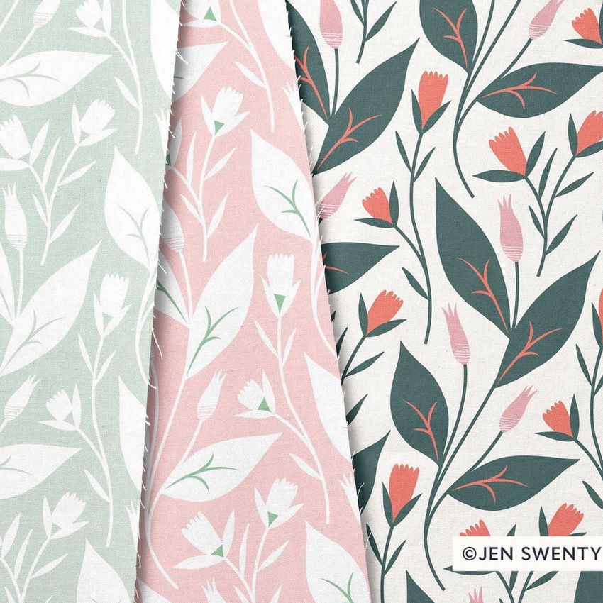 Cotton fabric sample mockup displaying three swatches with wildflower patterns in green, pink, and white backgrounds.
