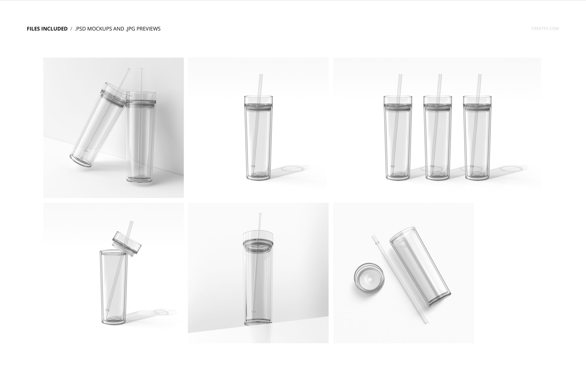 Transparent acrylic tumbler mockup set featuring multiple arrangements and perspectives against a minimal white backdrop.