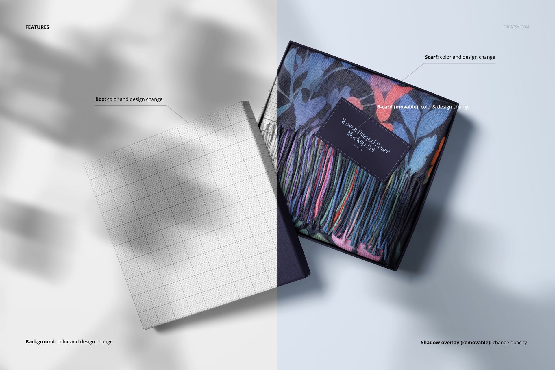 Top view of a woven fringed scarf with colorful patterns neatly folded inside a gift box, next to an open grid-patterned box lid.