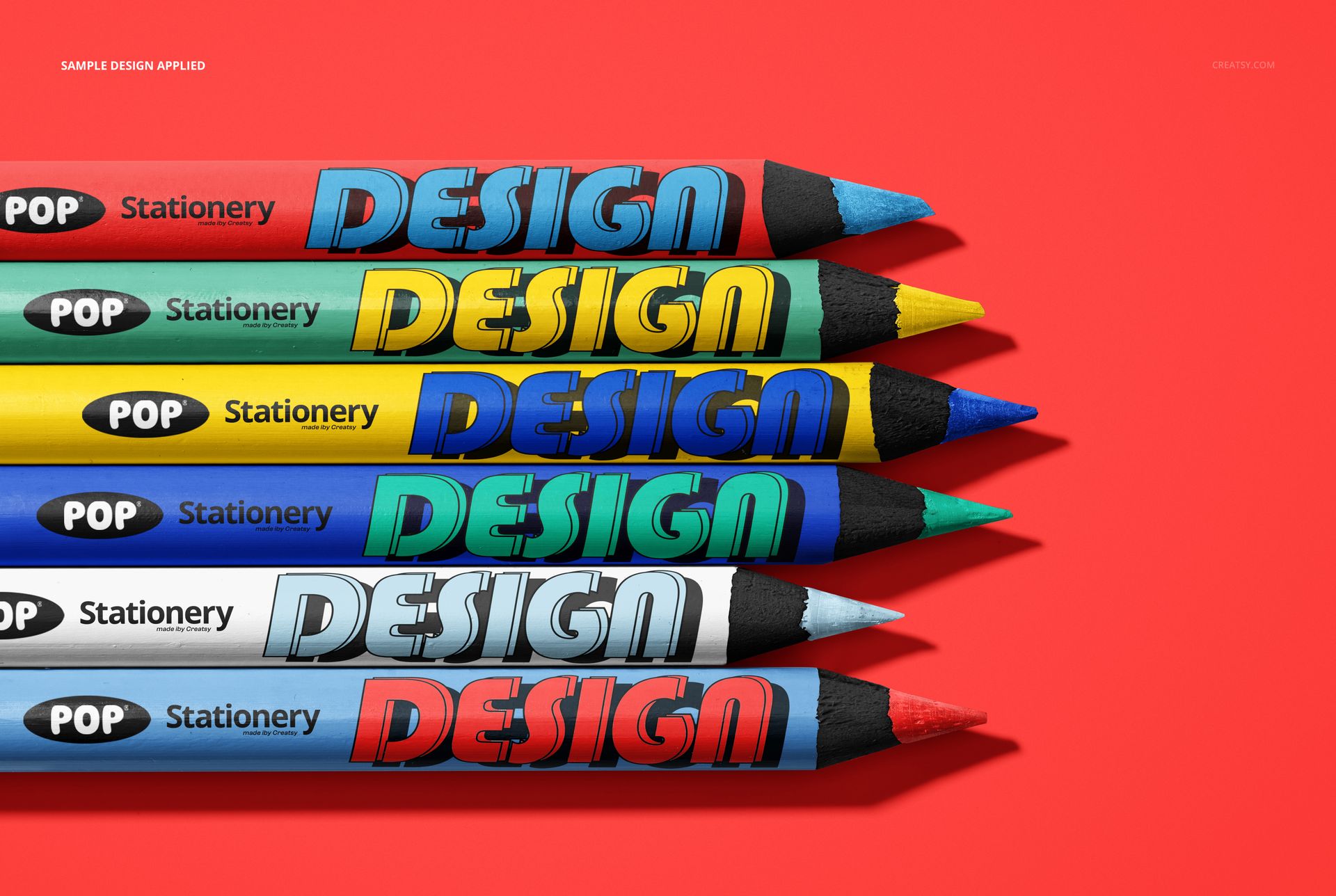 Stationery PSD mockup showing six colored pencils side by side, featuring vibrant colors and design labels.