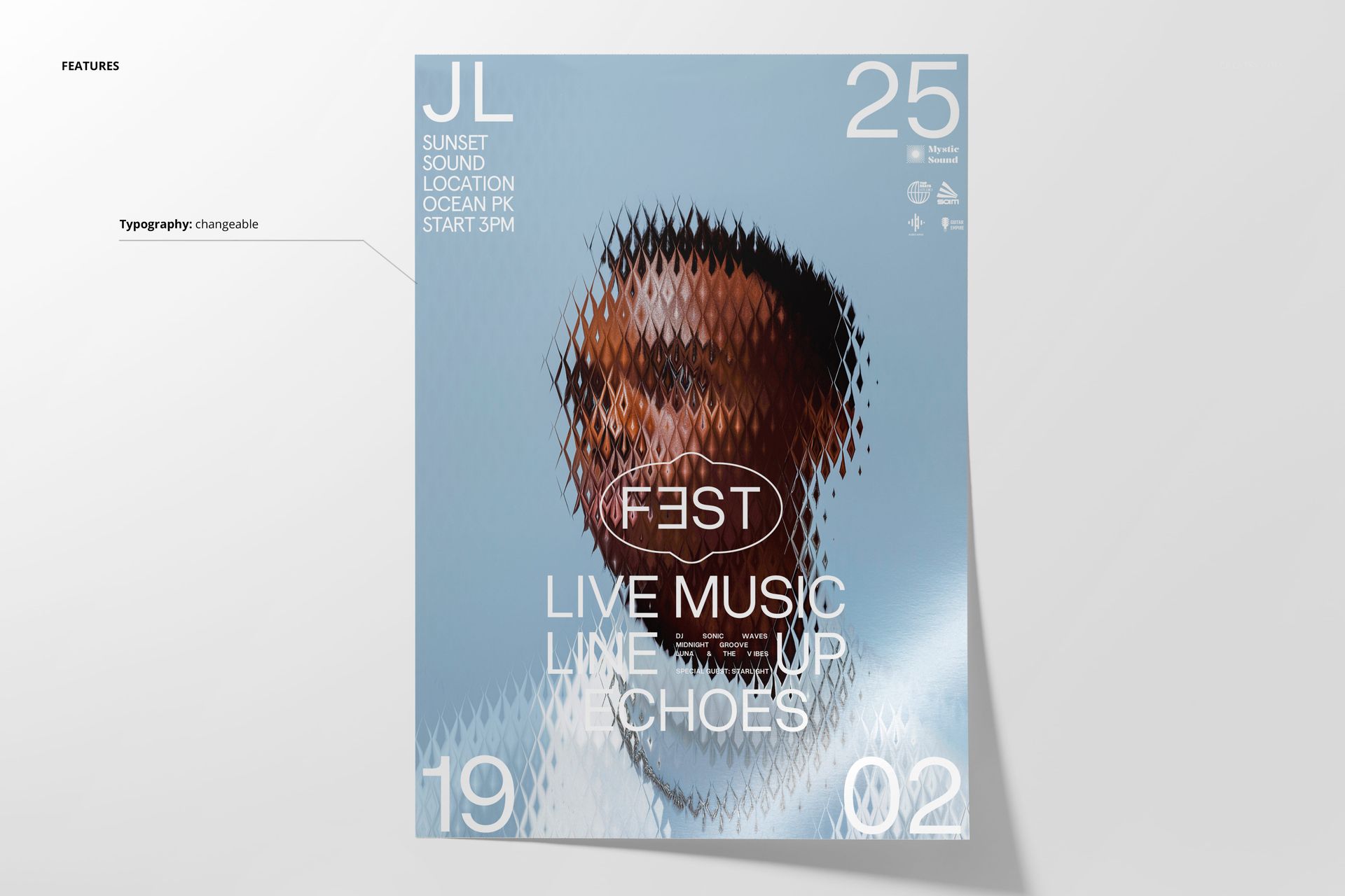 Poster mockup featuring a distorted central area, geometric glitch patterns, and bold white text on a pale surface.