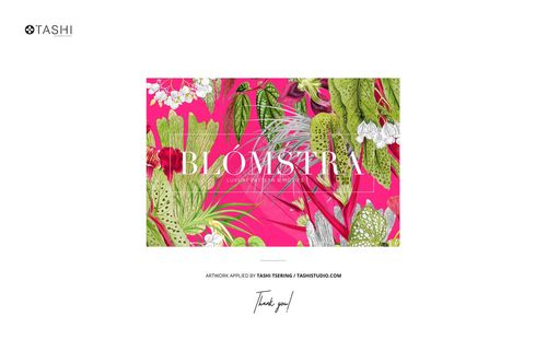 Rectangular fabric swatch mockup with vibrant botanical pattern on a pink background, front view on white backdrop.