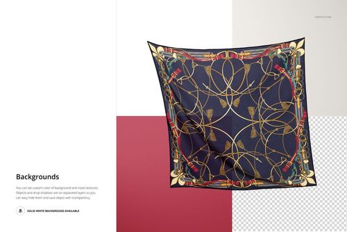 Square chiffon silk scarf mockup featuring a navy blue scarf with gold and red geometric pattern, front view on a multi-colored background.