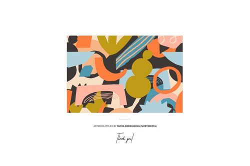 Front view of a cotton fabric swatch mockup with abstract party-themed patterns in orange, blue, olive, and beige tones.