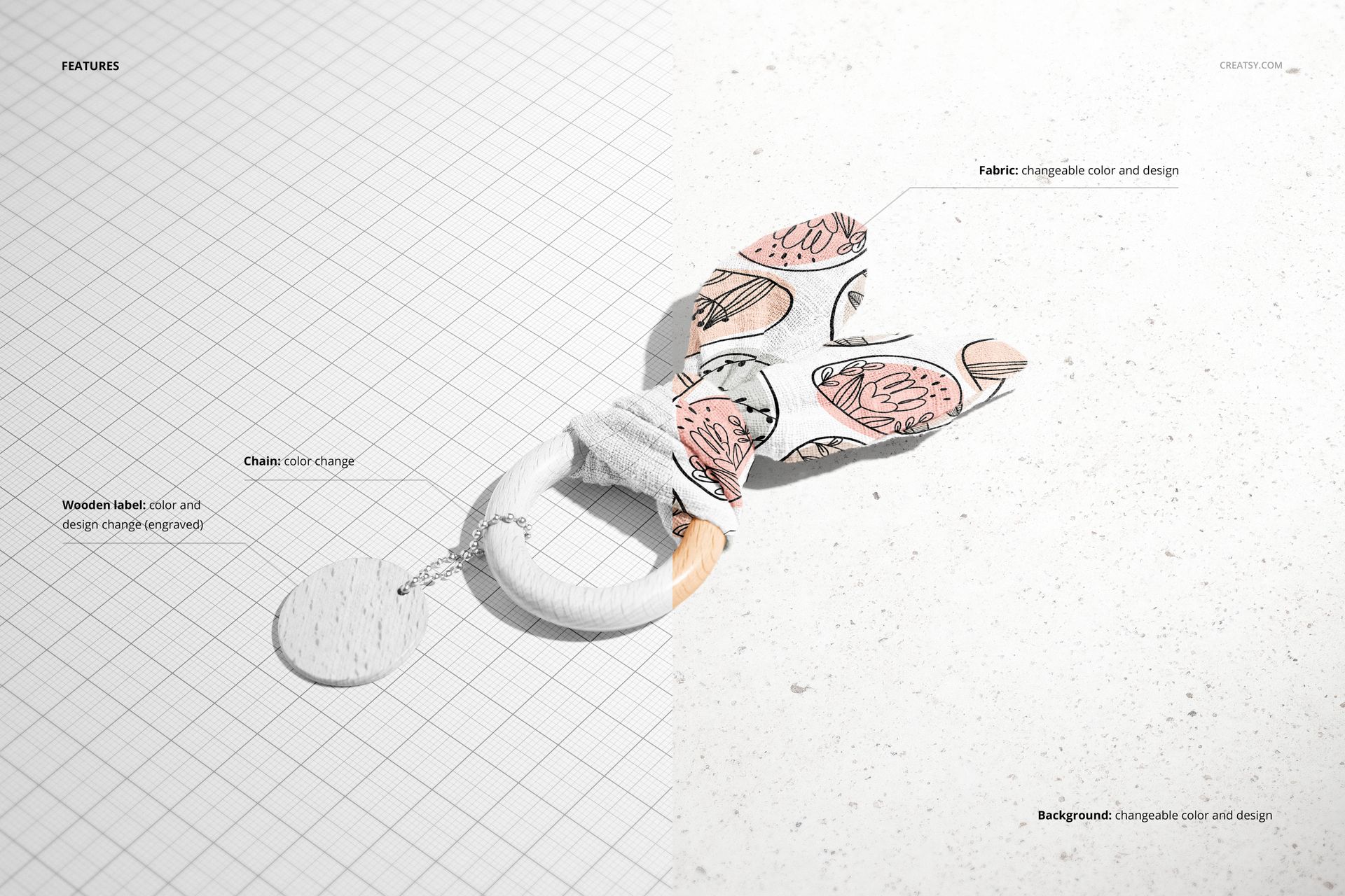 PSD mockup of a wooden baby teether with patterned bunny ears, displayed on a grid and concrete background.