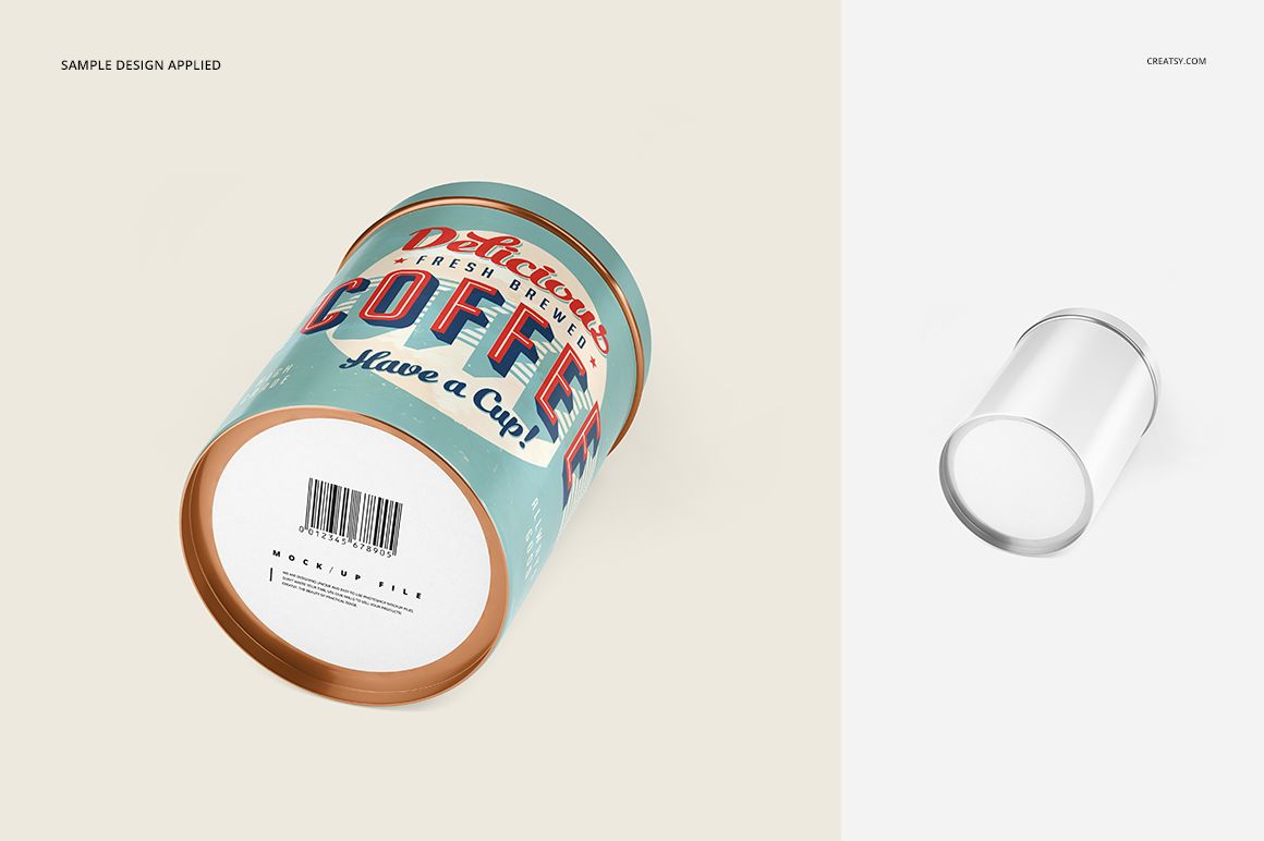 Metal canister mockup set featuring a cylindrical tin with a colorful coffee label, shown from an angled front view.