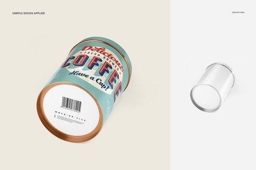 Metal canister mockup set featuring a cylindrical tin with a colorful coffee label, shown from an angled front view.