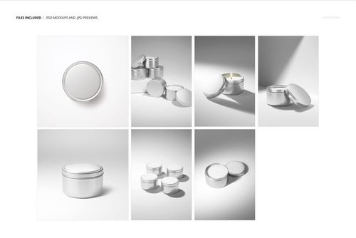 Collection of metal candle tins with cotton wicks, presented in different mockup perspectives and lighting on a neutral backdrop.
