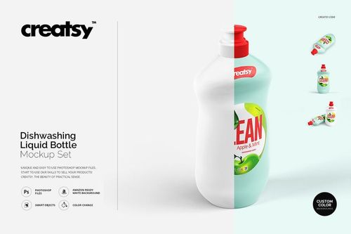 Dishwashing liquid bottle mockup featuring a white bottle with red cap and green apple mint label, isolated on white.