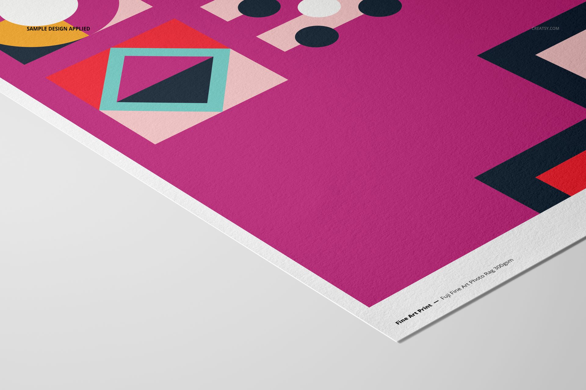 A3 fine art print mockup featuring a close-up angled view of textured paper with vibrant geometric patterns.