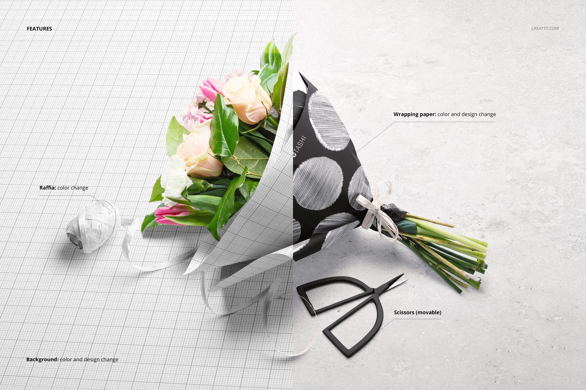 Flowers packaging mockup showing a bouquet in black and white wrapping paper, ribbon, and scissors on a textured background.