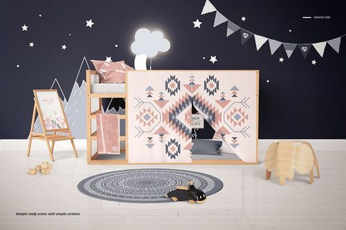 Front view of a children's room mockup showing a wooden bunk bed, round rug, and playful wall decorations.