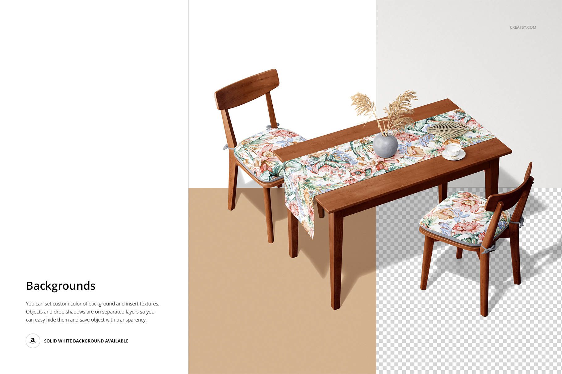 Front view of a wooden table and chairs with a floral-patterned table runner and matching seat covers in a mockup scene.