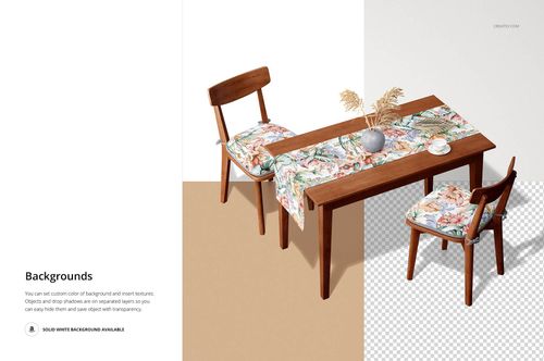 Front view of a wooden table and chairs with a floral-patterned table runner and matching seat covers in a mockup scene.