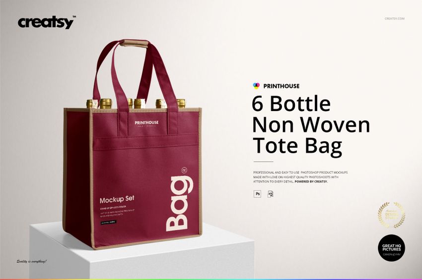 Front view of a burgundy six-bottle non-woven tote wine bag with beige handles, shown in a realistic mockup scene.