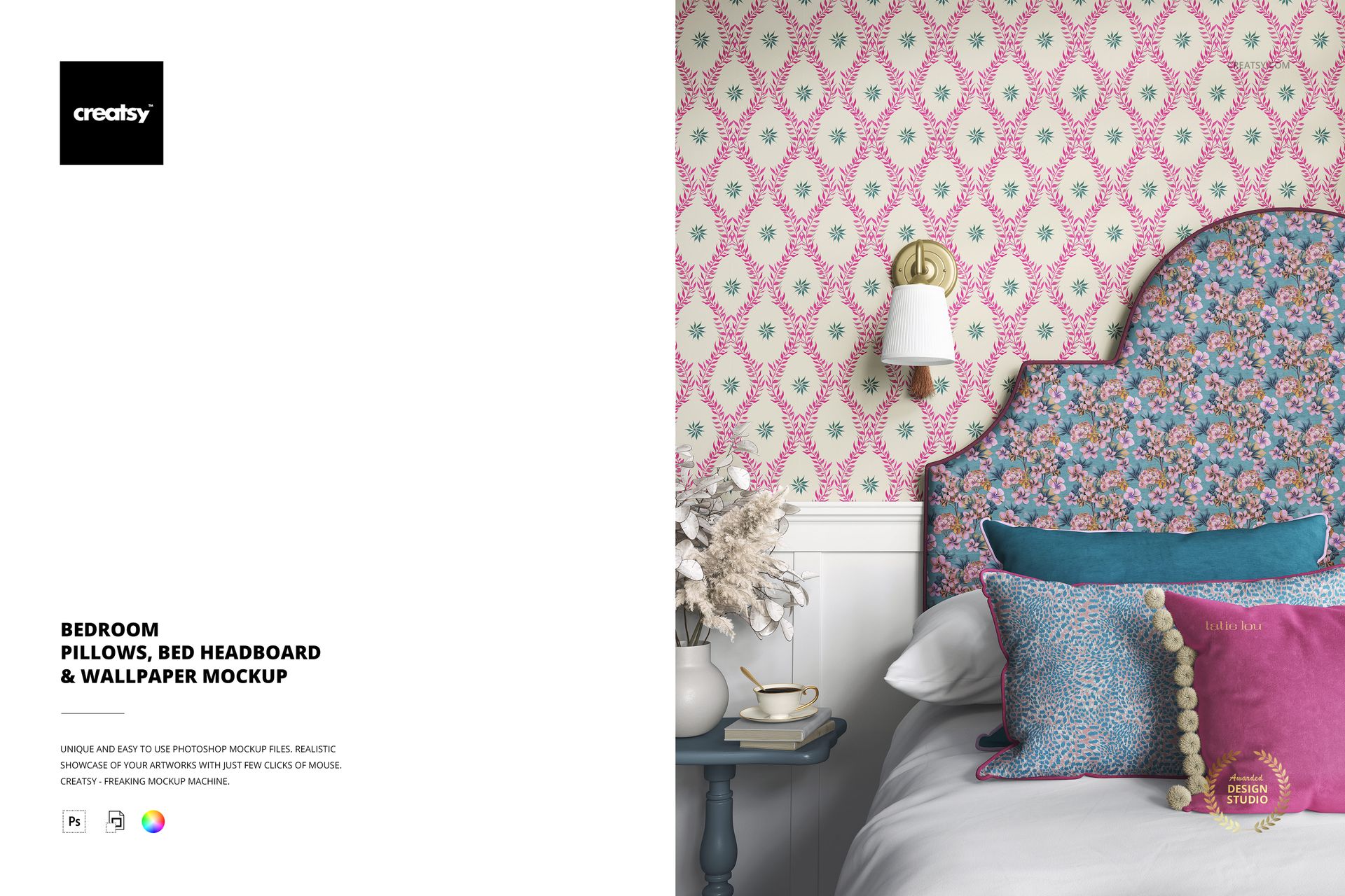 Front view of a bedroom scene with patterned pillows, a floral headboard, and pink geometric wallpaper mockup.