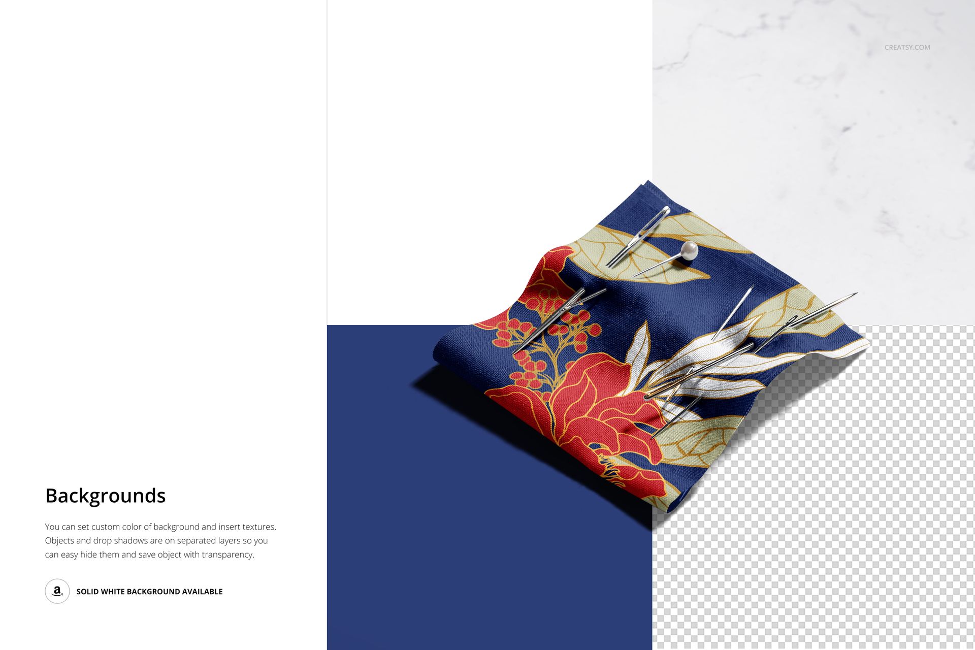 Cotton fabric mockup featuring a colorful floral design, small scissors, and sewing pins arranged on contrasting surfaces.