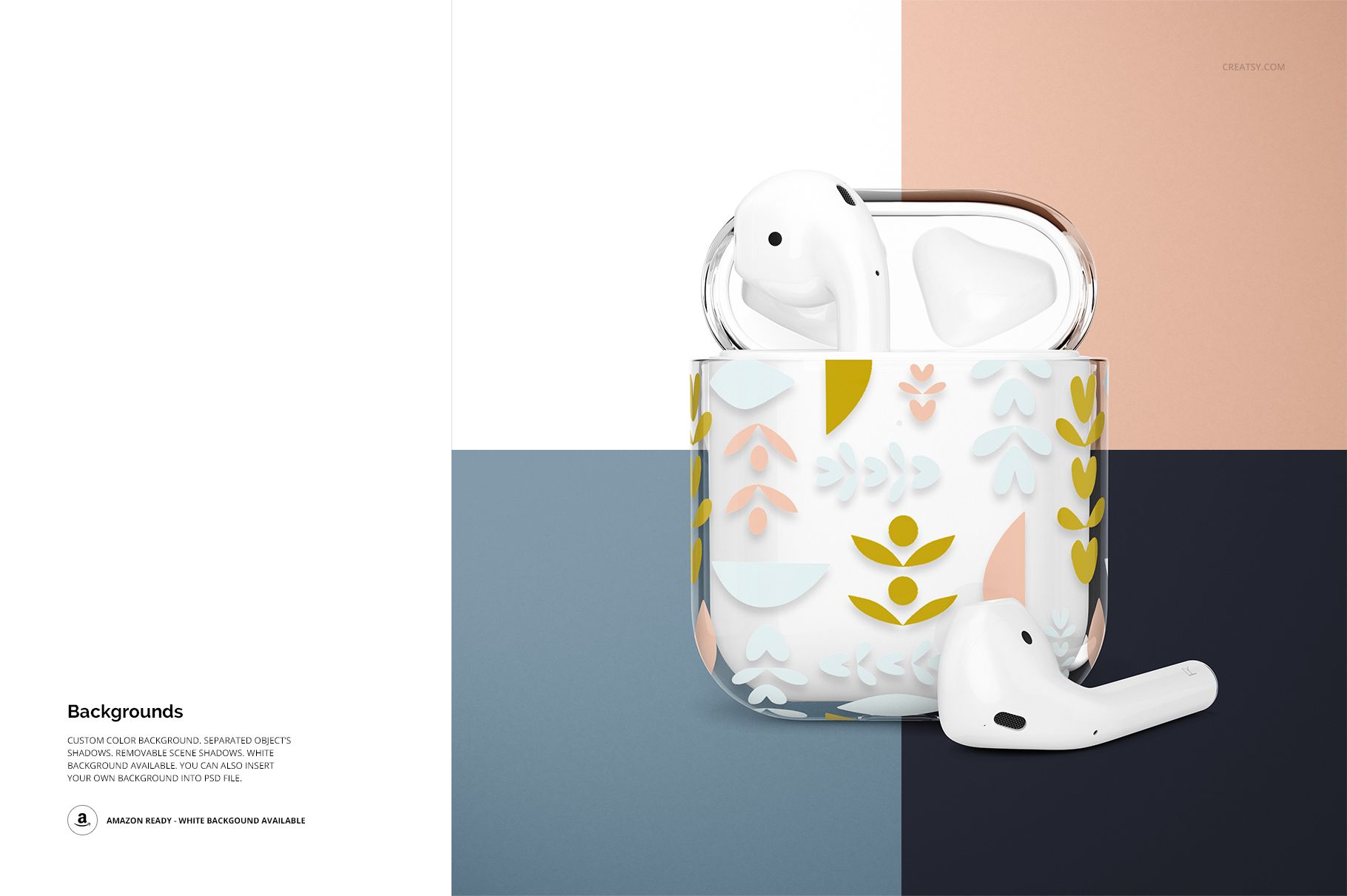 AirPods clear case mockup featuring soft pastel floral design, open case with one AirPod, geometric color blocks.