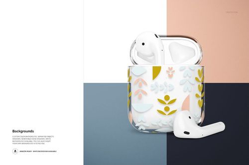 AirPods clear case mockup featuring soft pastel floral design, open case with one AirPod, geometric color blocks.