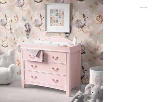 PSD mockup of a nursery with a pink changing pad and dresser, whimsical animal wallpaper, and cozy plush decorations.