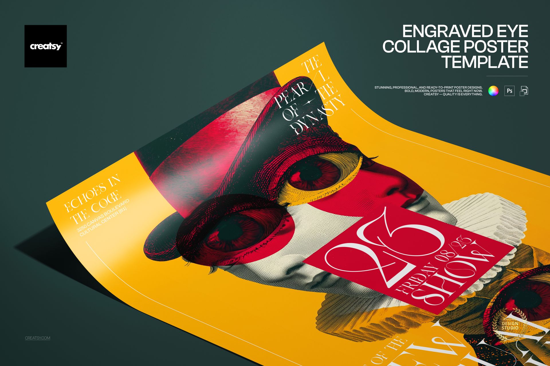 PSD mockup of a poster with a surreal collage of eyes, glasses, and geometric shapes in vibrant red and yellow tones.