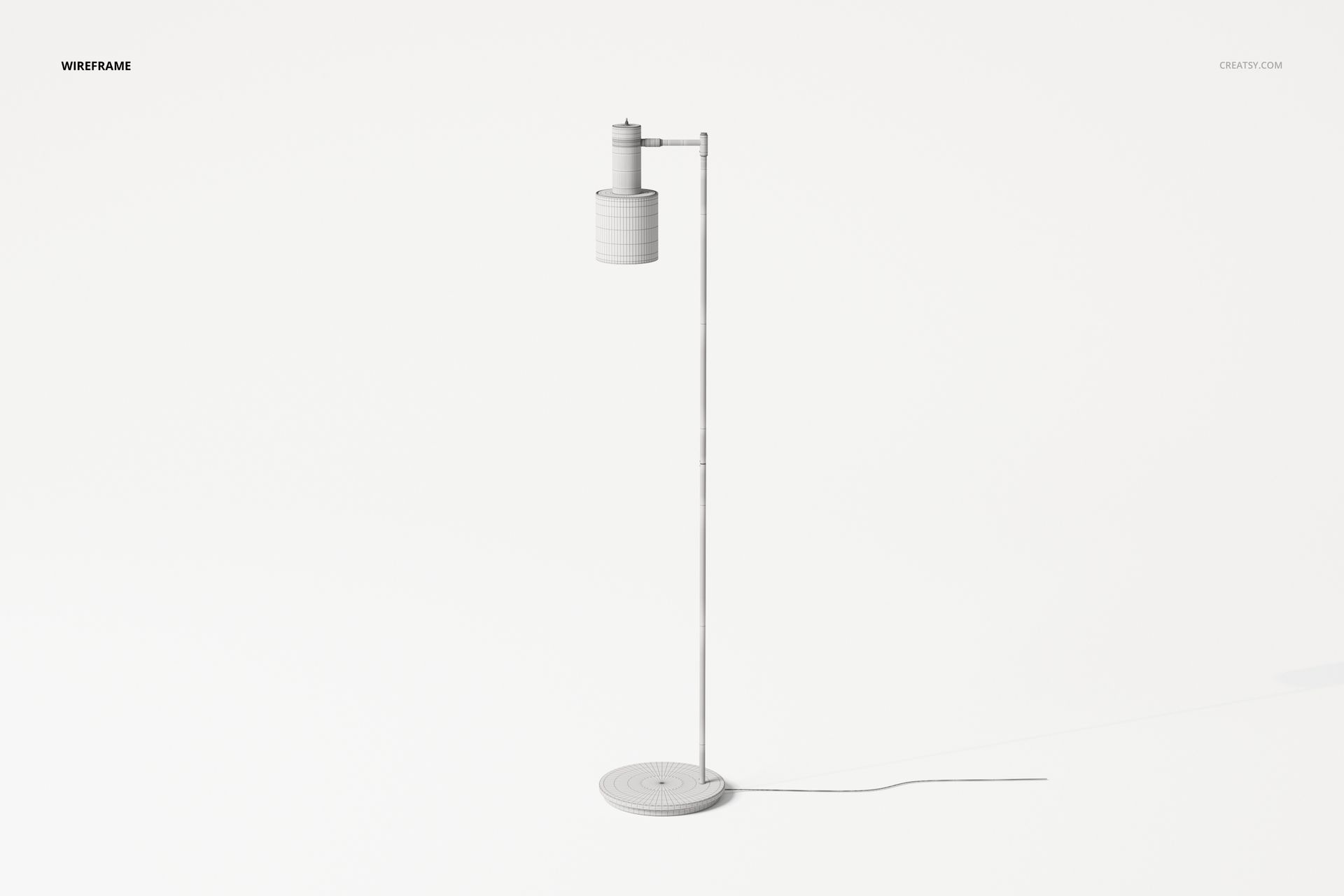 Minimalist geometric floor lamp with cylindrical shade and slim vertical stand, shown in wireframe on white background.
